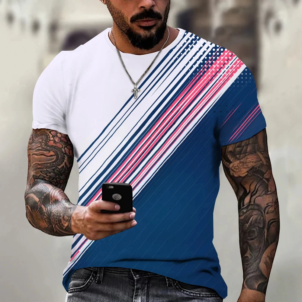 Camiseta masculina na moda novo design preto e branco cor arte 3d impresso oversized em torno do pescoço topos solto casual estilo simples t camisa