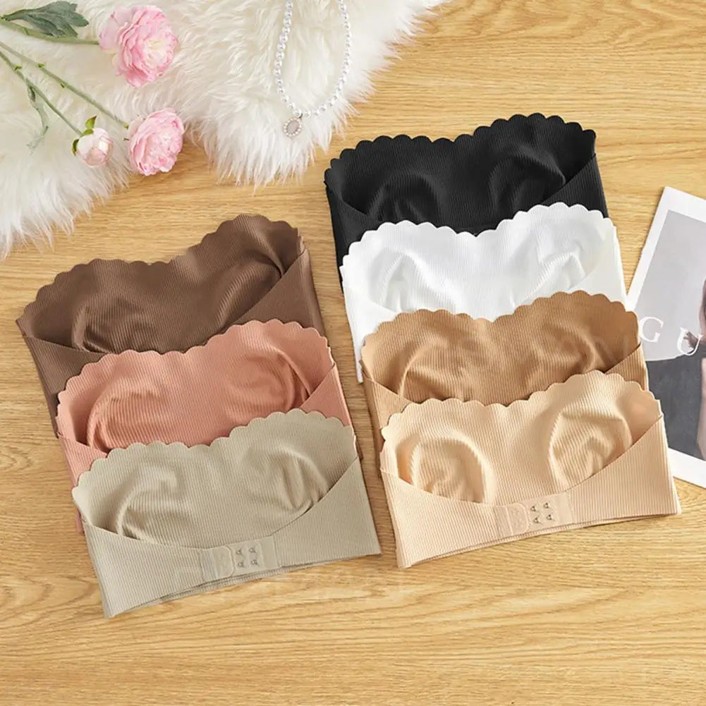 Sutiã feminino sem alças com fechamento frontal conforto sem fio bandeau antiderrapante borda ondulada acolchoada top bralette