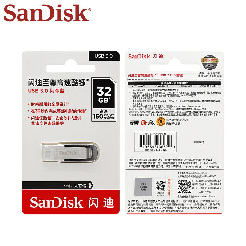 Original SanDisk Ultra Flair CZ73 USB 3.0 Flash Drive 32GB 64GB Memory Stick 128GB 256GB 16GB USB Pen Drive U Disk For Computer