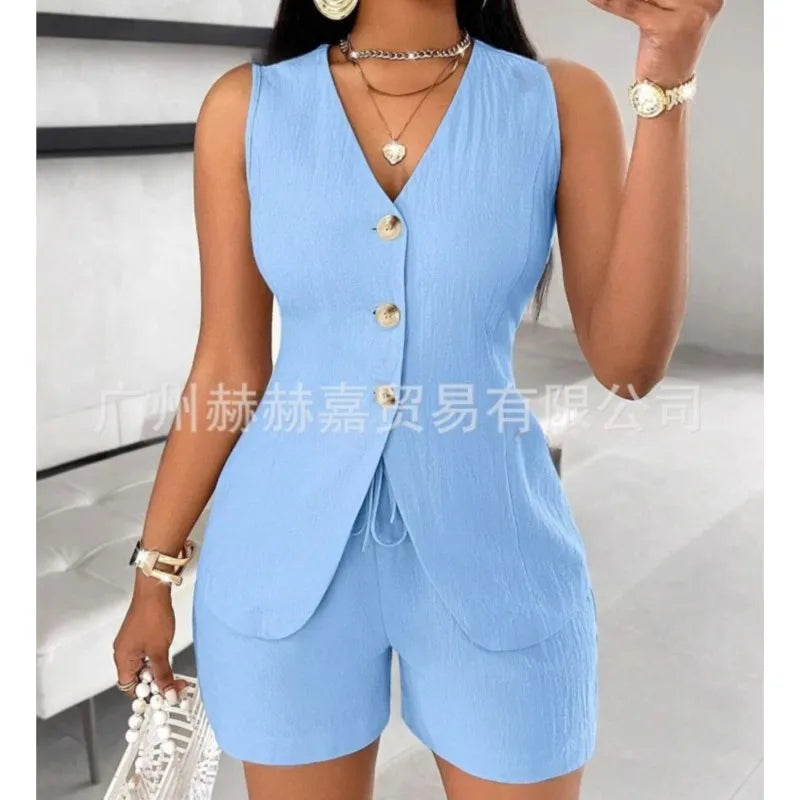 2025 verão algodão linho shorts define feminino 2 peças elegante cor sólida com decote em v magro topos senhora do escritório chique rendas shorts ternos