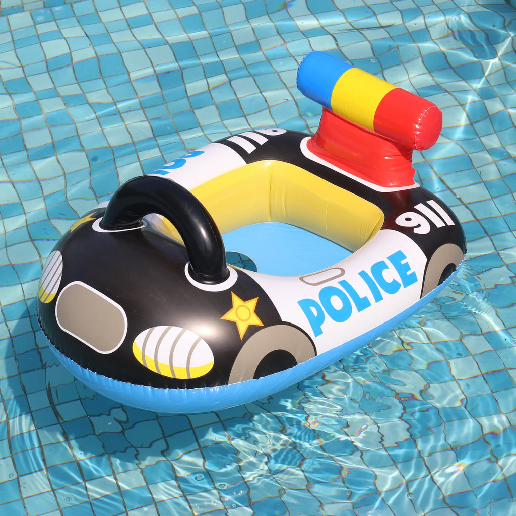 Assento de anel flutuante para piscina, barco inflável em forma de carro de polícia, tubo de piscina de praia de verão com alças, 1 peça