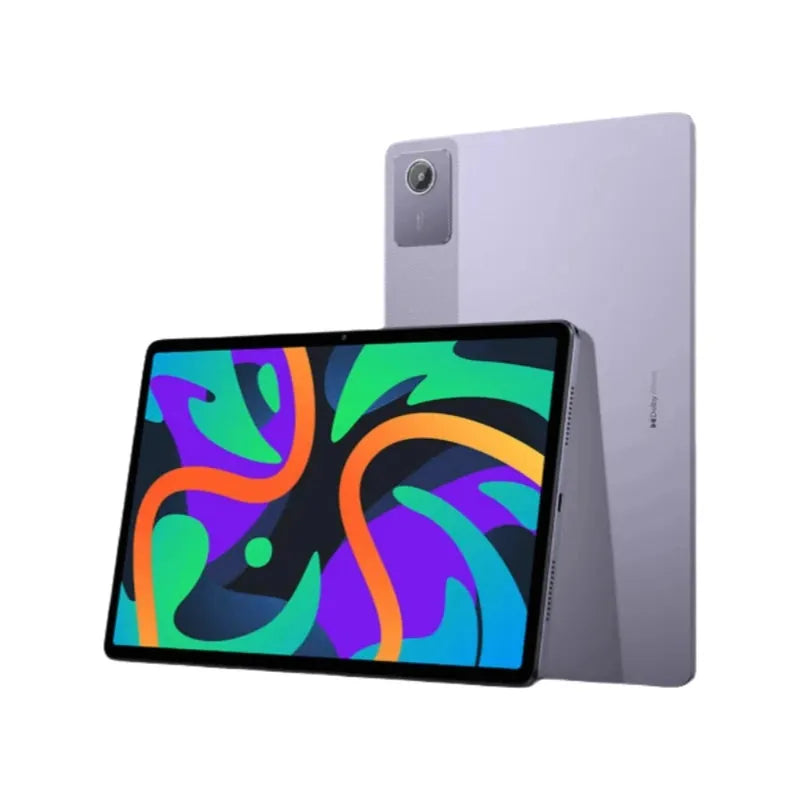 Sleek gray Lenovo Xiaoxin Pad 2024 11-inch tablet, front display with colorful wallpaper, and rear camera visible.