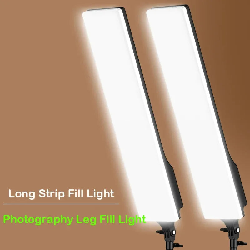 Dimmable bi-color LED rectangular video lights, black long strip design for photography studio.