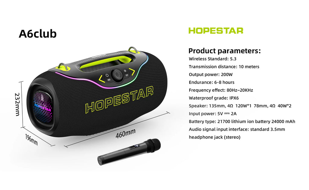 HOPESTAR A6 CLUB Alto-falante Bluetooth Super Bass 200W - Emparelhamento TWS de última geração, IPX6 à prova d'água, sistema de áudio portátil para festas ao ar livre