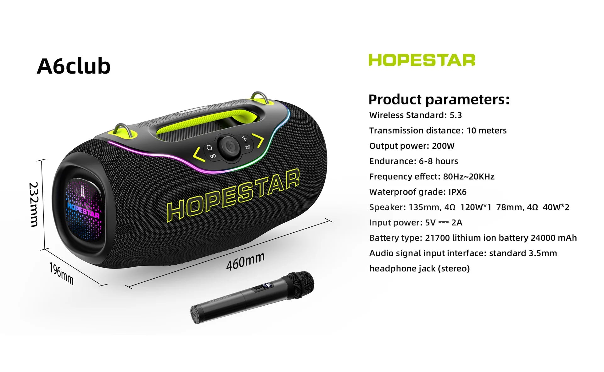 HOPESTAR A6 CLUB Alto-falante Bluetooth Super Bass 200W - Emparelhamento TWS de última geração, IPX6 à prova d'água, sistema de áudio portátil para festas ao ar livre