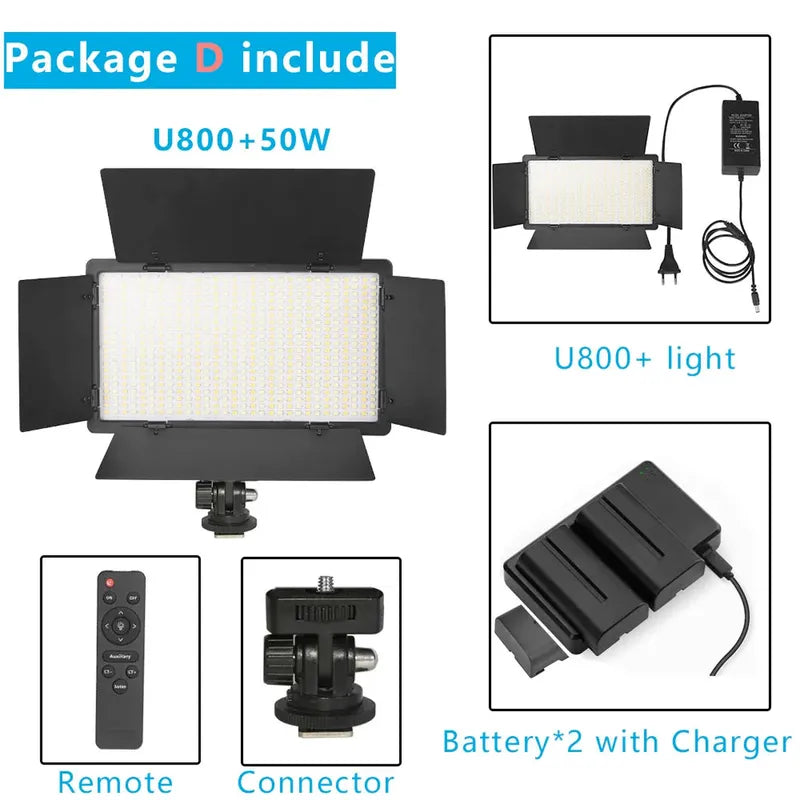 Black Nagnahz U800+ bi-color dimmable LED video light kit with barn doors, remote, batteries, and charger.