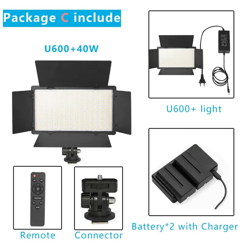 Black Nagnahz U600+ bi-color LED video light with barn doors, remote, connector, power adapter, and batteries.