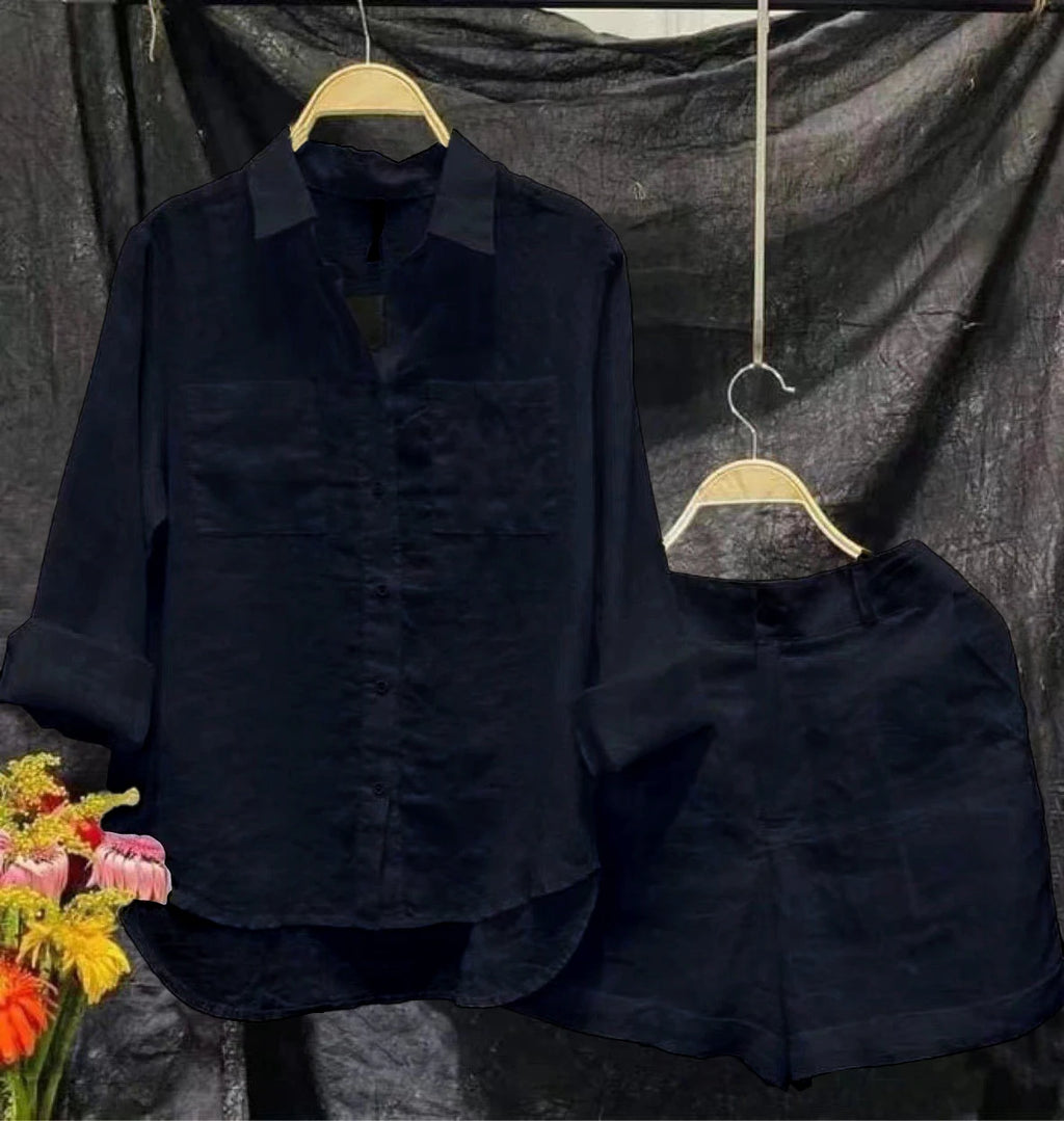 Moda branca manga longa camisas e shorts femininos conjuntos de duas peças 2024 verão bolso casual casa 2 peça conjunto para roupa feminina