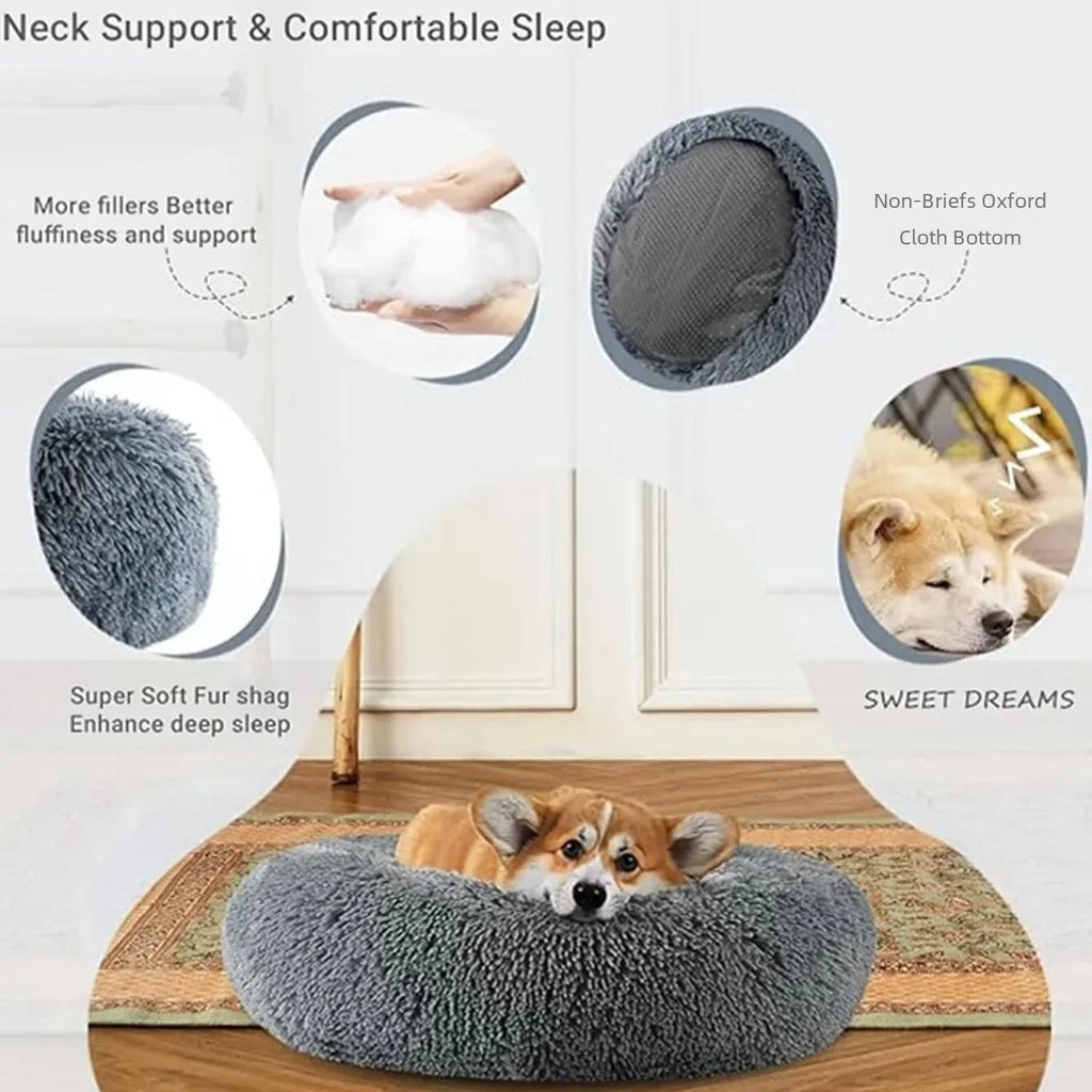 Cama redonda de pelúcia longa super macia, casa de dormir quente para cães e gatos médios, 40-90cm, inverno
