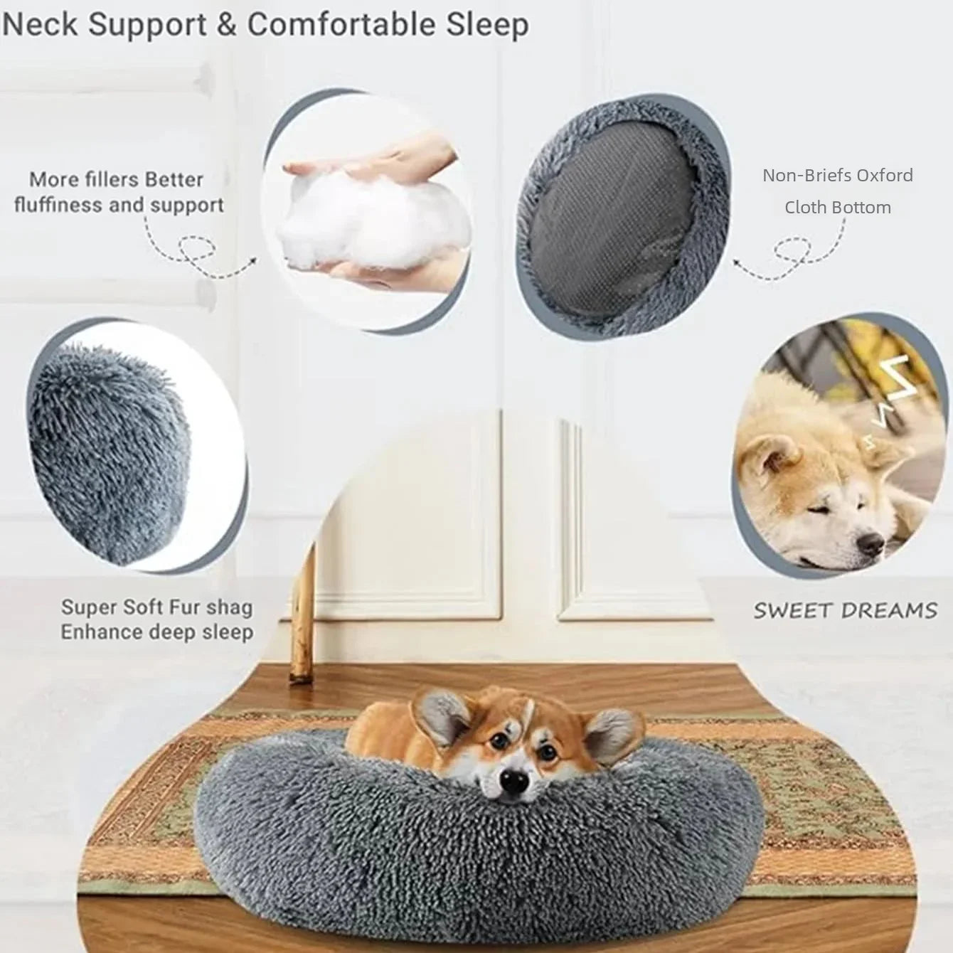 Cama redonda de pelúcia longa super macia, casa de dormir quente para cães e gatos médios, 40-90cm, inverno