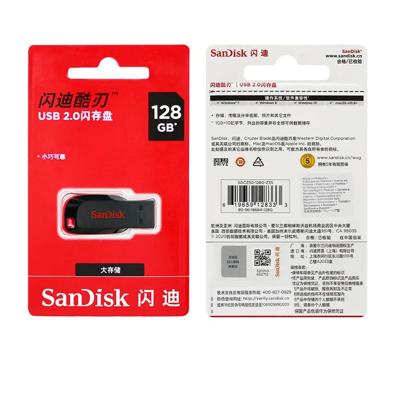 SanDisk USB2.0 FAT32 Cruzer CZ50 Flash Drive Compact Encrypted Flash Memory Stick USB2.0 PenDrive for Desktop Laptop
