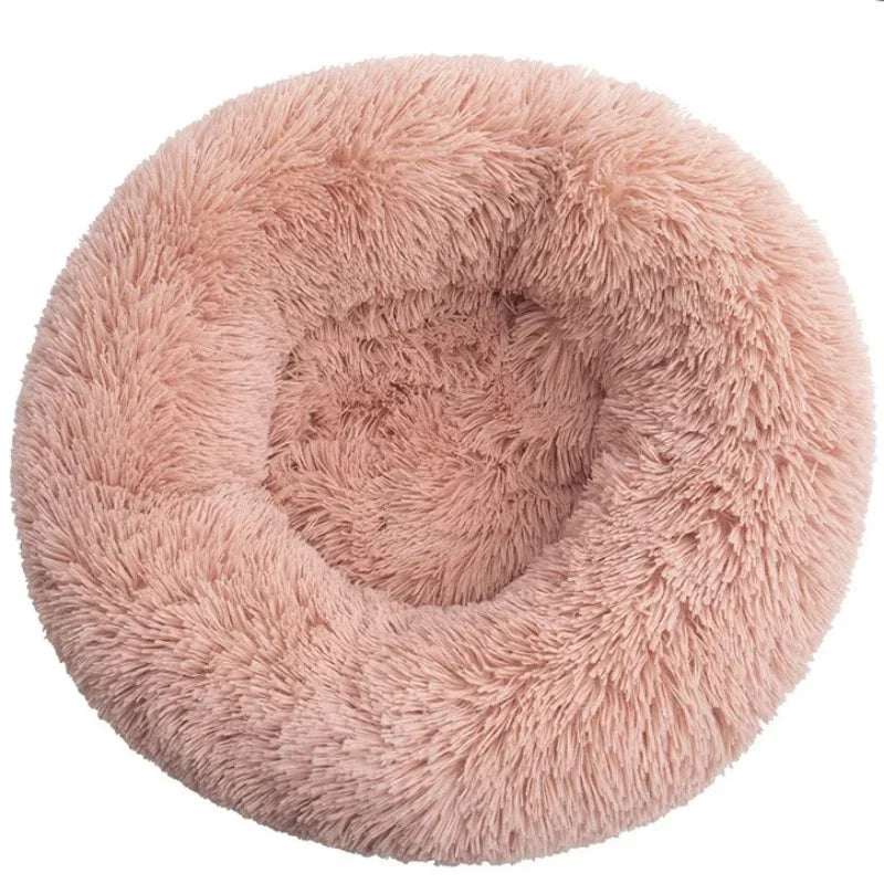 Cama redonda de pelúcia longa super macia, casa de dormir quente para cães e gatos médios, 40-90cm, inverno