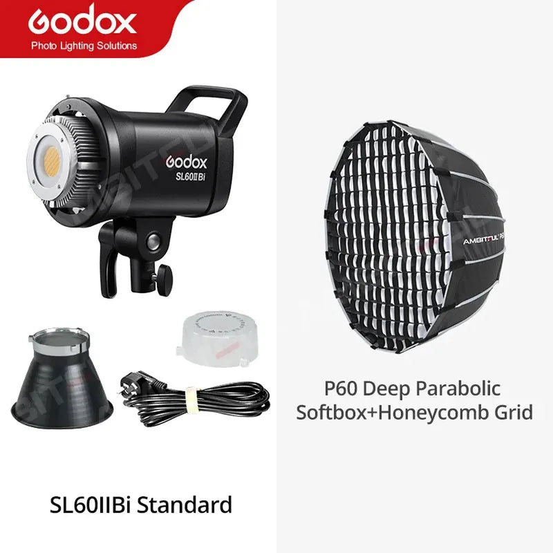 Godox SL60IIBi black COB LED video light with silver front, P60 parabolic softbox, honeycomb grid, reflector, and power cable.