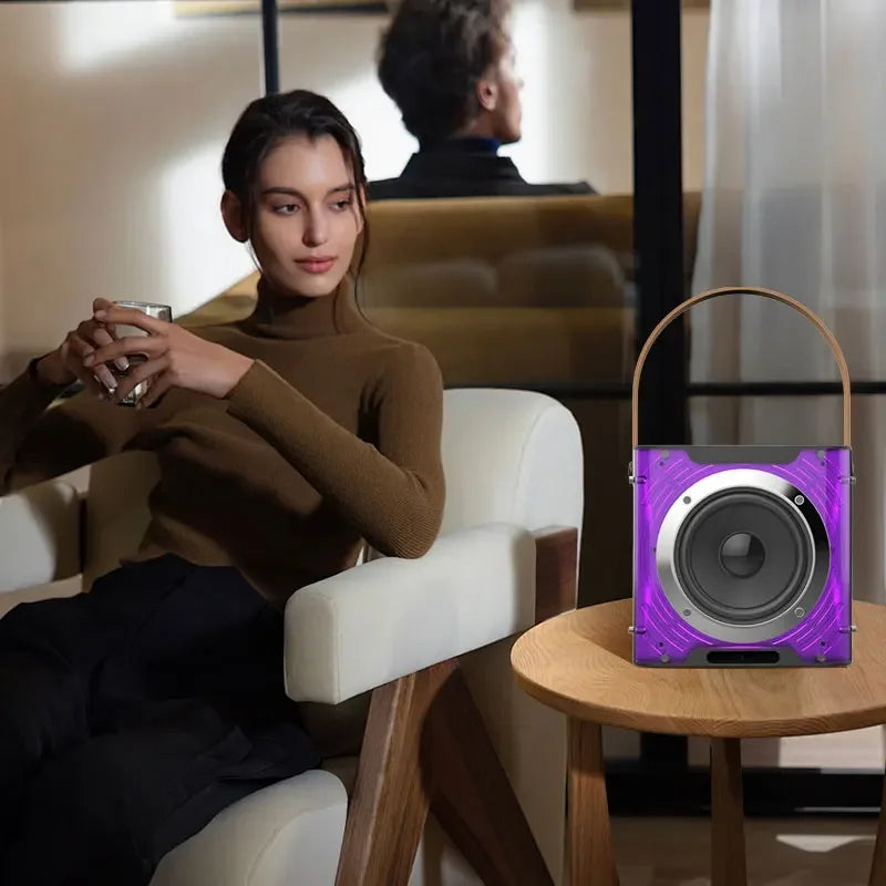 Alto-falante bluetooth de karaokê de alta potência, luz de ritmo musical 360, subwoofer estéreo surround sem fio com microfone duplo, suporte para telefone