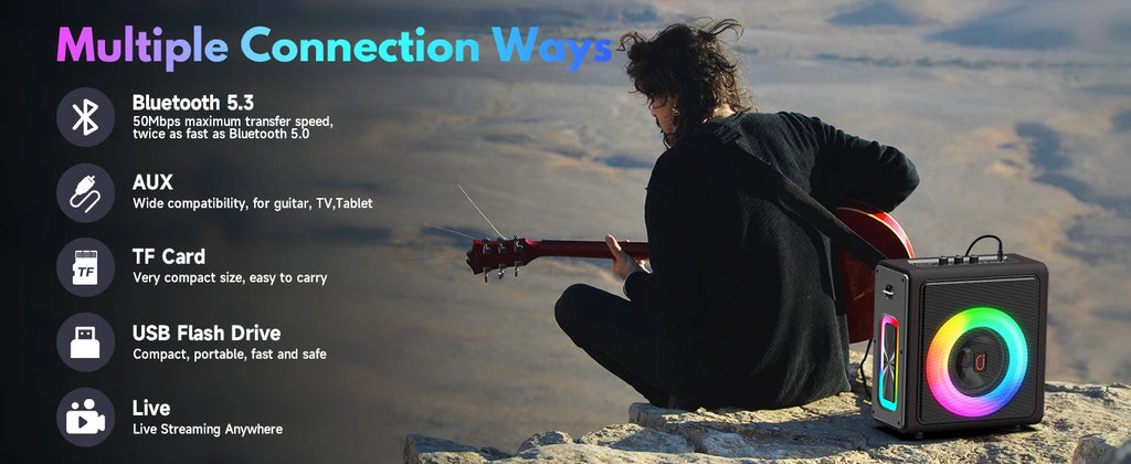 Máquina de karaokê portátil, alto-falante Bluetooth com microfones, sistema PA com 2 microfones de karaokê, luzes de discoteca para festas em casa