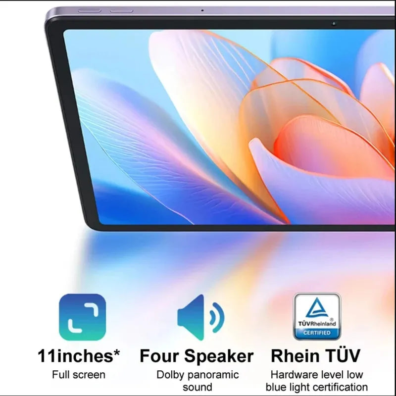 Close-up of a gray Lenovo Xiaoxin Pad 2024 11-inch tablet with a vibrant full screen, highlighting four speakers and TÜV Rheinland low blue light certification.
