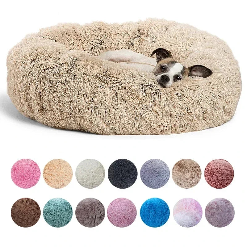 Cama redonda de pelúcia longa super macia, casa de dormir quente para cães e gatos médios, 40-90cm, inverno