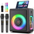 Máquina de karaokê portátil, alto-falante Bluetooth com microfones, sistema PA com 2 microfones de karaokê, luzes de discoteca para festas em casa