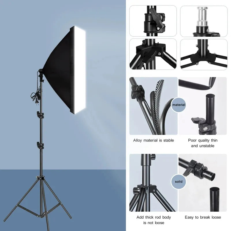 Black professional photography softbox lighting system with sturdy alloy adjustable tripod stand, emitting bright continuous light.