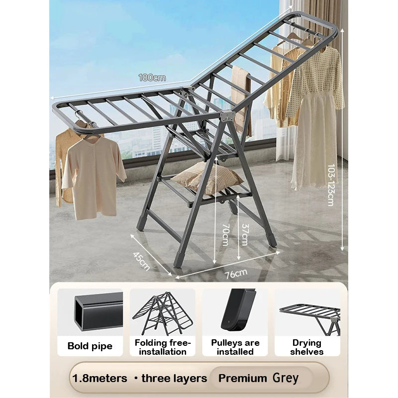 Casa interior dobrável vertical vloth rack de secagem varanda aço roupas rodas secador removível colcha torre prateleira suporte lavanderia