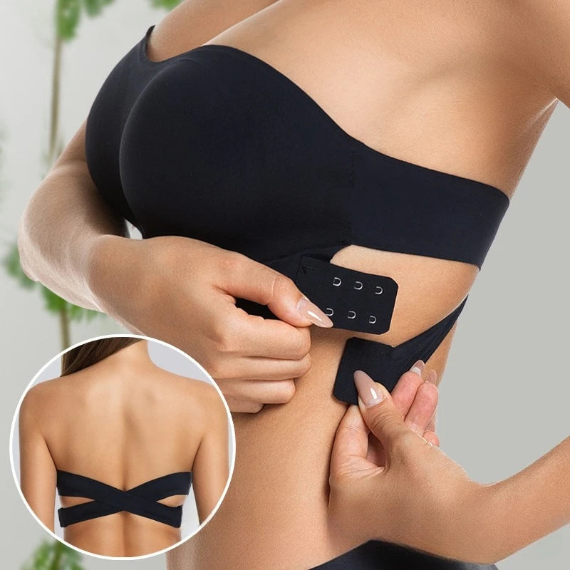 Sexy sem alças push up sutiã removível acolchoado sem costura gelo seda topo feminino beleza invisível volta anti-deslizamento fora do ombro sutiã