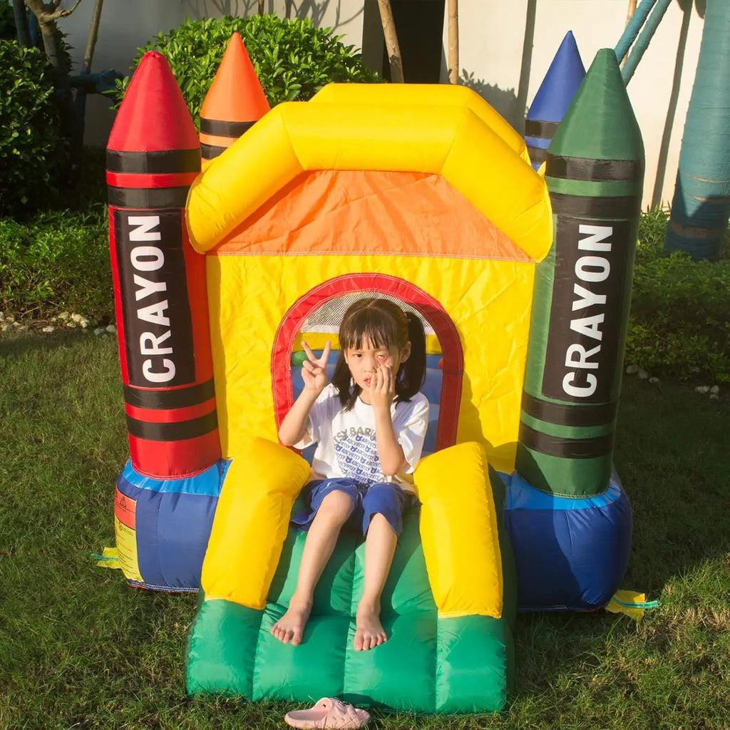 Mini casa inflável de salto com ventilador, castelo infantil, casa inflável para crianças com escorregador, soprador de ar, bolsa de transporte e bolsa de água