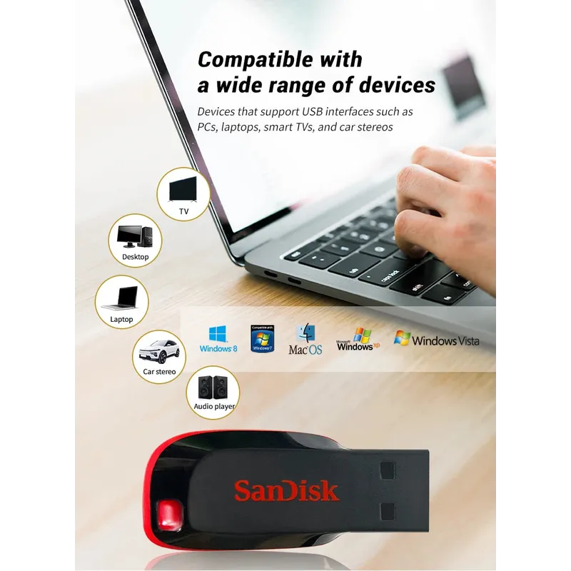 SanDisk USB2.0 FAT32 Cruzer CZ50 Flash Drive Compact Encrypted Flash Memory Stick USB2.0 PenDrive for Desktop Laptop