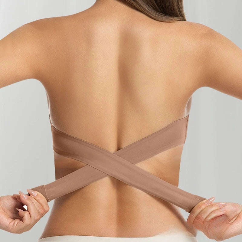 Sexy sem alças push up sutiã removível acolchoado sem costura gelo seda topo feminino beleza invisível volta anti-deslizamento fora do ombro sutiã