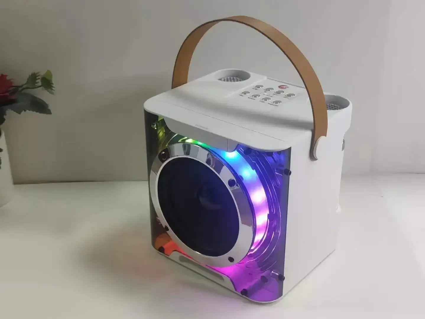 Alto-falante bluetooth de karaokê de alta potência, luz de ritmo musical 360, subwoofer estéreo surround sem fio com microfone duplo, suporte para telefone