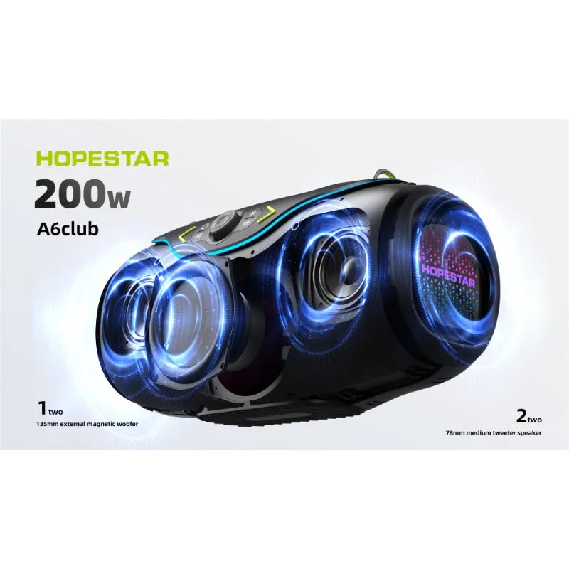 HOPESTAR A6 CLUB Alto-falante Bluetooth Super Bass 200W - Emparelhamento TWS de última geração, IPX6 à prova d'água, sistema de áudio portátil para festas ao ar livre