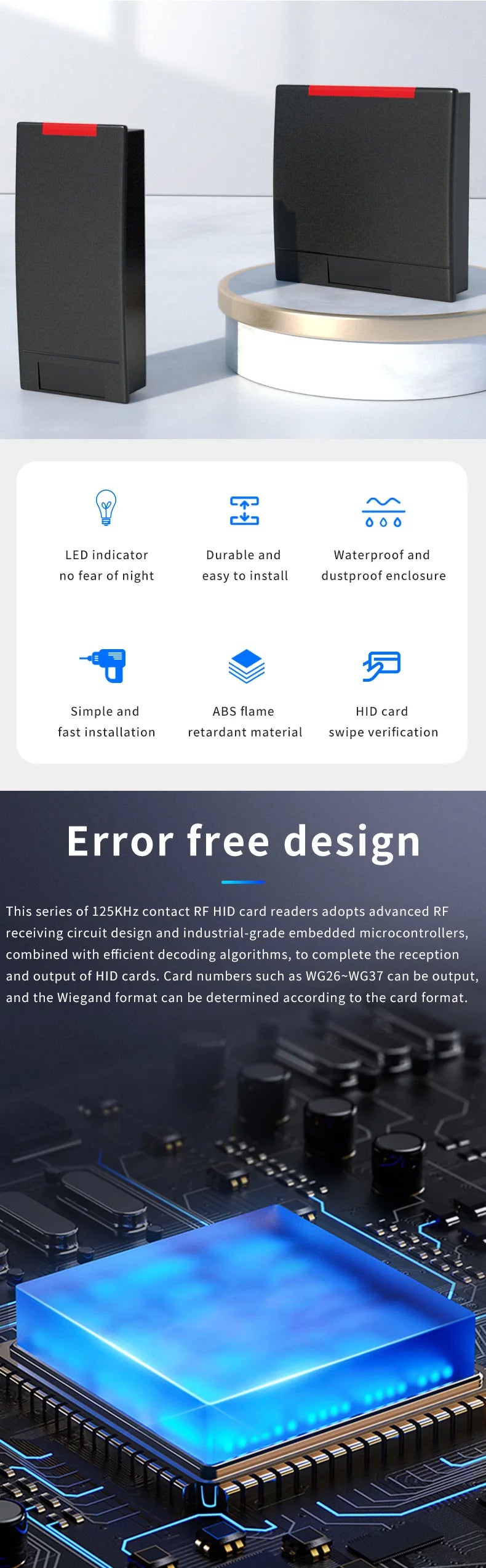 Dispositivo de cartão de leitura rfhid rs232, durável, à prova d'água, rfid, 125khz, baixa frequência, wiegand26 ~ 37bit, rs485, hidrs232, comunicação de nível ttl