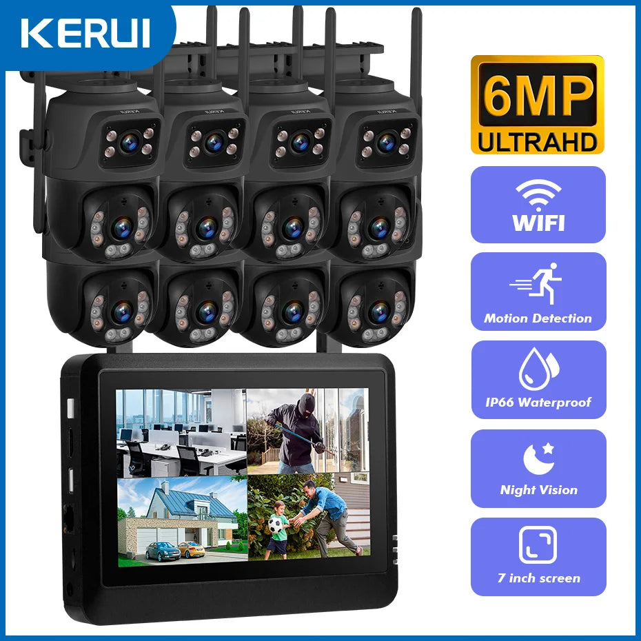 Kerui sem fio 6mp lente dupla wifi câmera ip 8ch nvr tela lcd de 7 polegadas gravador de vídeo sistema de câmera de segurança em casa vigilância