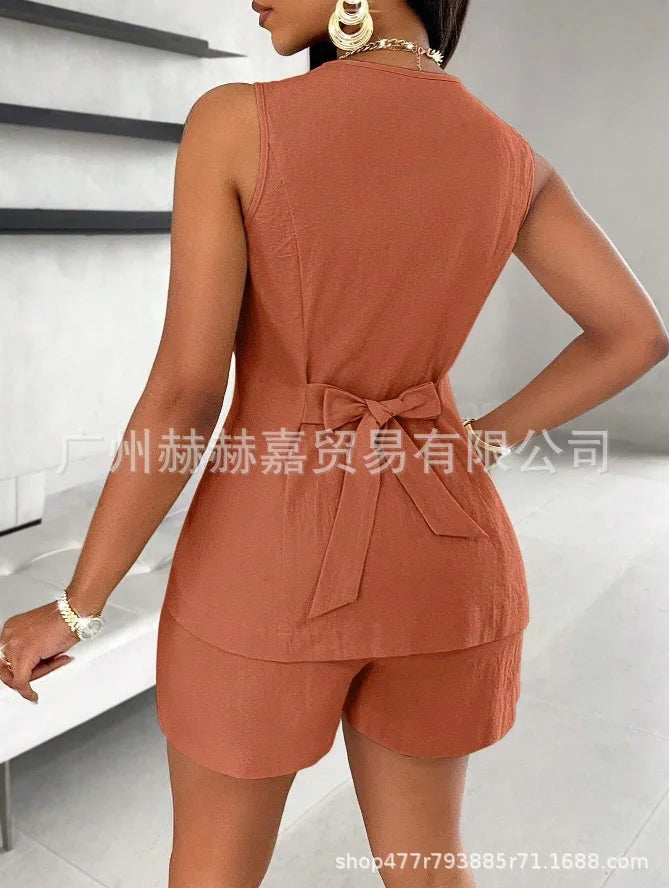 2025 verão algodão linho shorts define feminino 2 peças elegante cor sólida com decote em v magro topos senhora do escritório chique rendas shorts ternos