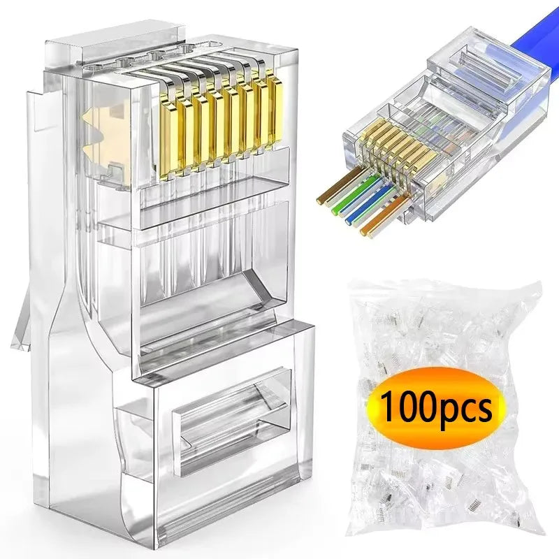 100 peças conector rj45 cat6 passagem através dos conectores cristal final banhado a ouro 8p8c crimpagem utp padrão rede ethernet plugue modular