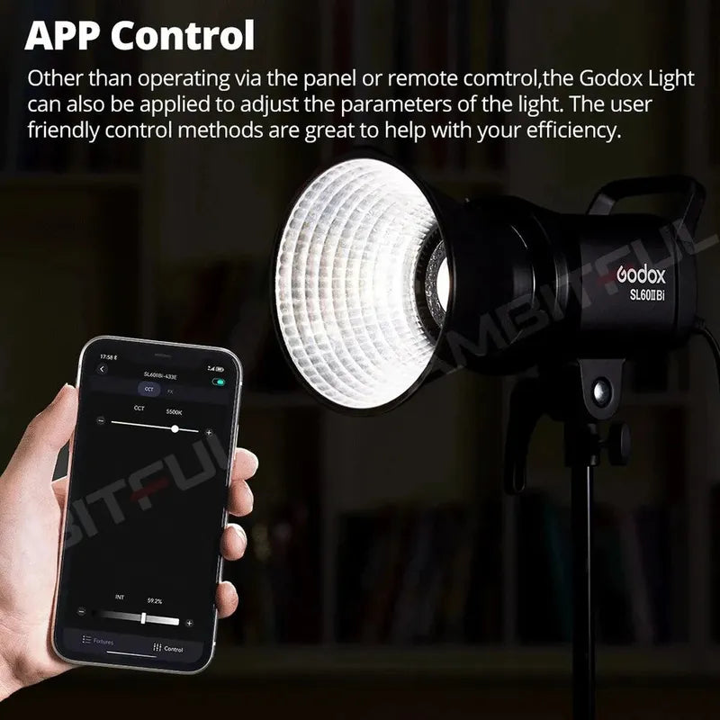 Black Godox SL60IIBi COB LED video light with bright reflector, controlled via smartphone app for video recording.