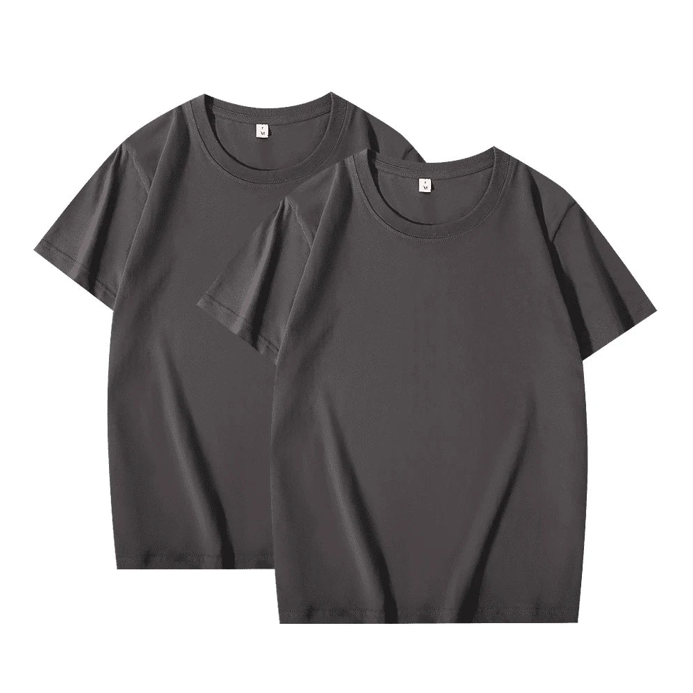 2 pçs cor sólida camiseta 100% algodão masculino feminino branco o-pescoço solto de manga curta modelos básicos all-match camiseta casal topos preto