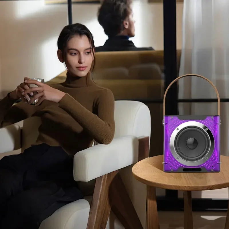 Alto-falante bluetooth de karaokê de alta potência, luz de ritmo musical 360, subwoofer estéreo surround sem fio com microfone duplo, suporte para telefone