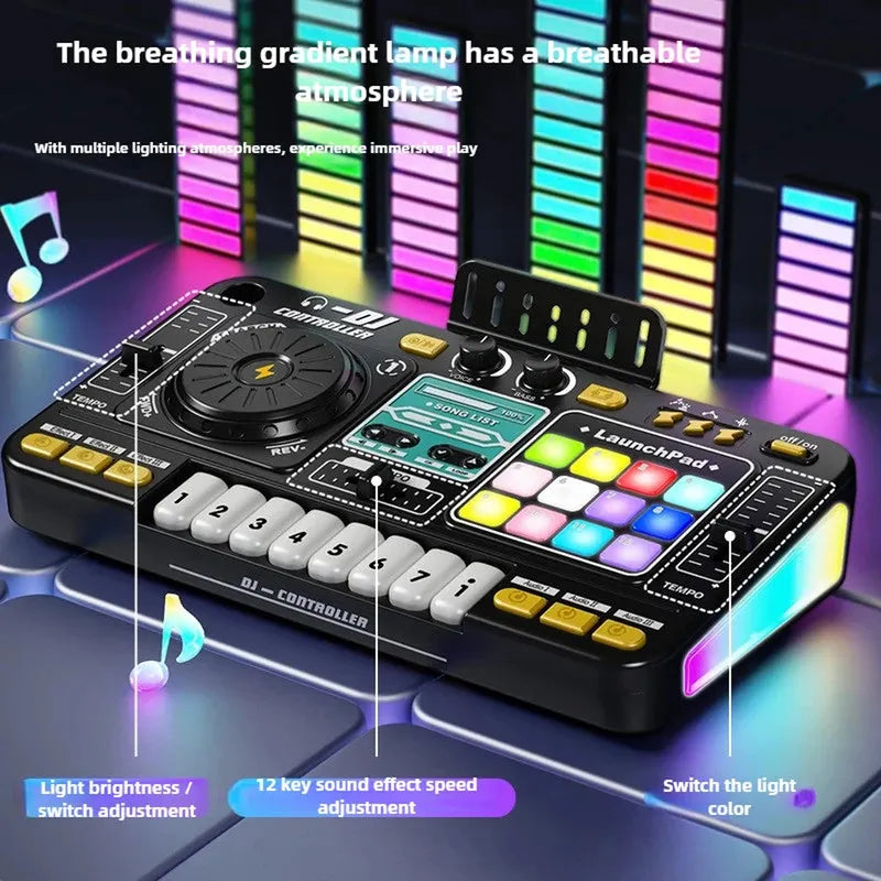 Kid DJ Mixer with Microphone Electronic Piano Keyboard Bluetooth DJ Turntable Console Junior Musical Instrument Christmas Gifts