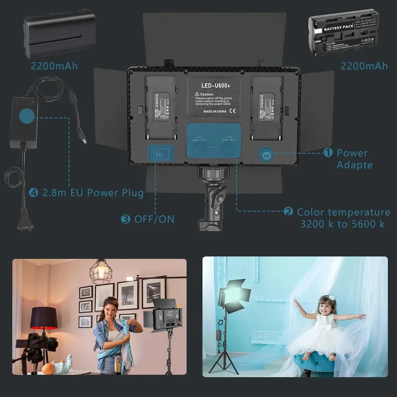 Black Nagnahz LED video light with barn doors, bi-color 2500K-8500K, dimmable, tripod, batteries, and power adapter.