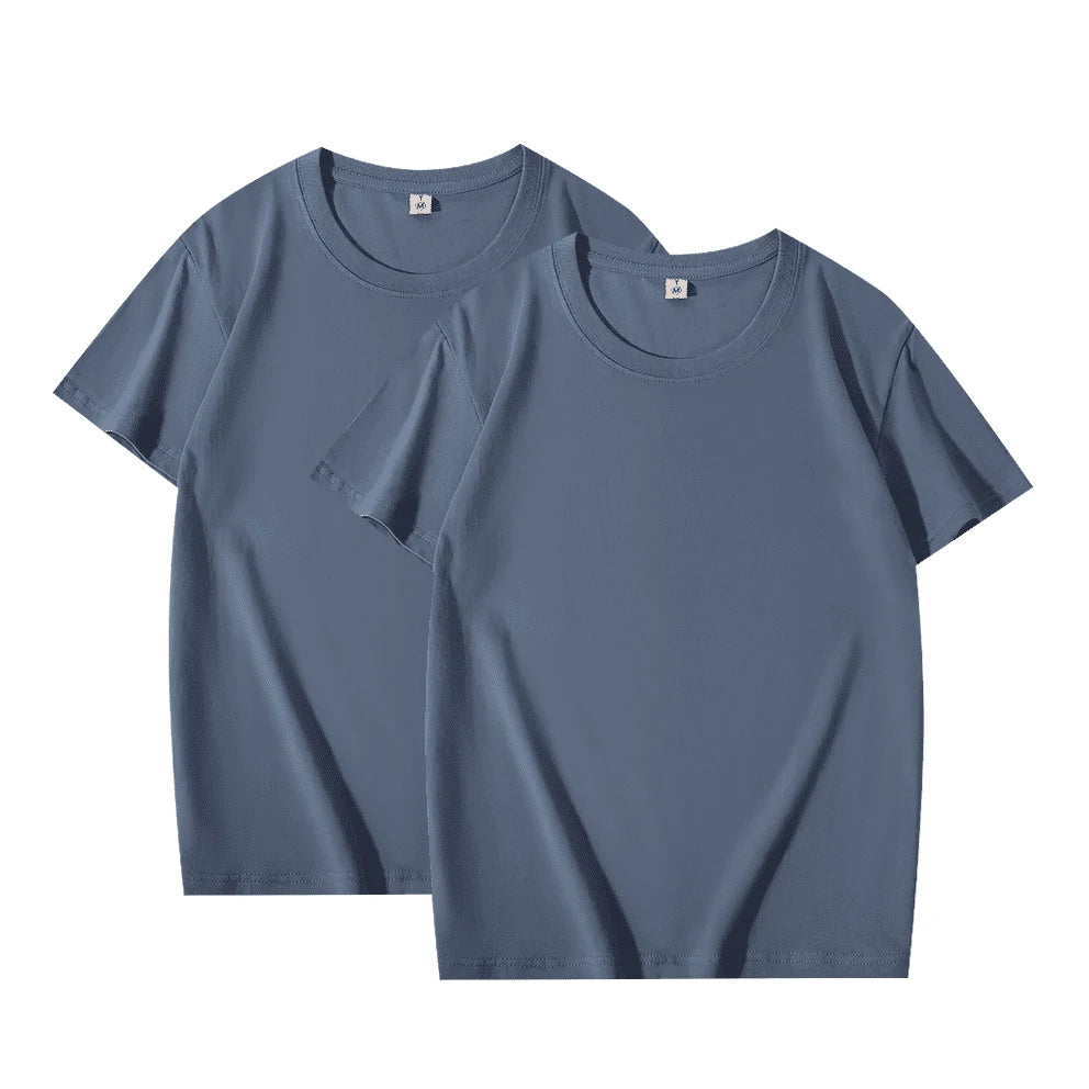 2 pçs cor sólida camiseta 100% algodão masculino feminino branco o-pescoço solto de manga curta modelos básicos all-match camiseta casal topos preto