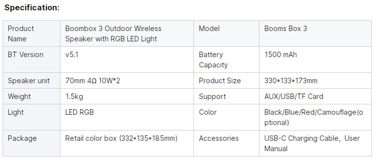 Boombox 3 sem fio bluetooth alto-falante portátil festa ao ar livre caixa de música subwoofer rgb estéreo tws casa alto-falante suporte tf/aux/usb