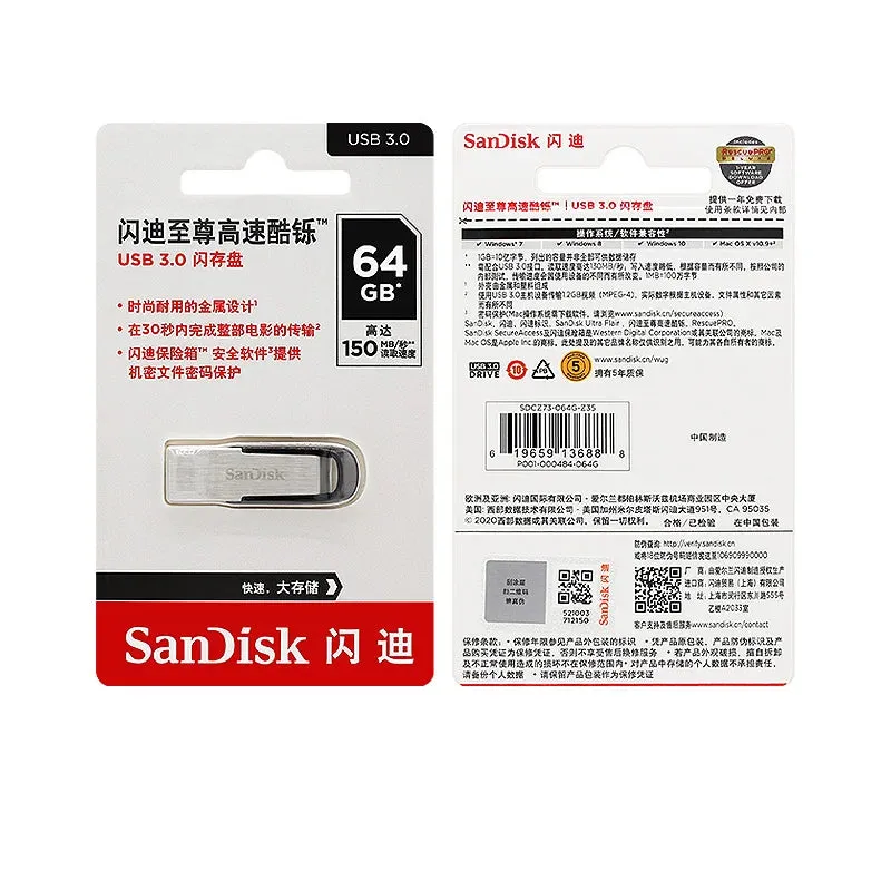 Original SanDisk Ultra Flair CZ73 USB 3.0 Flash Drive 32GB 64GB Memory Stick 128GB 256GB 16GB USB Pen Drive U Disk For Computer