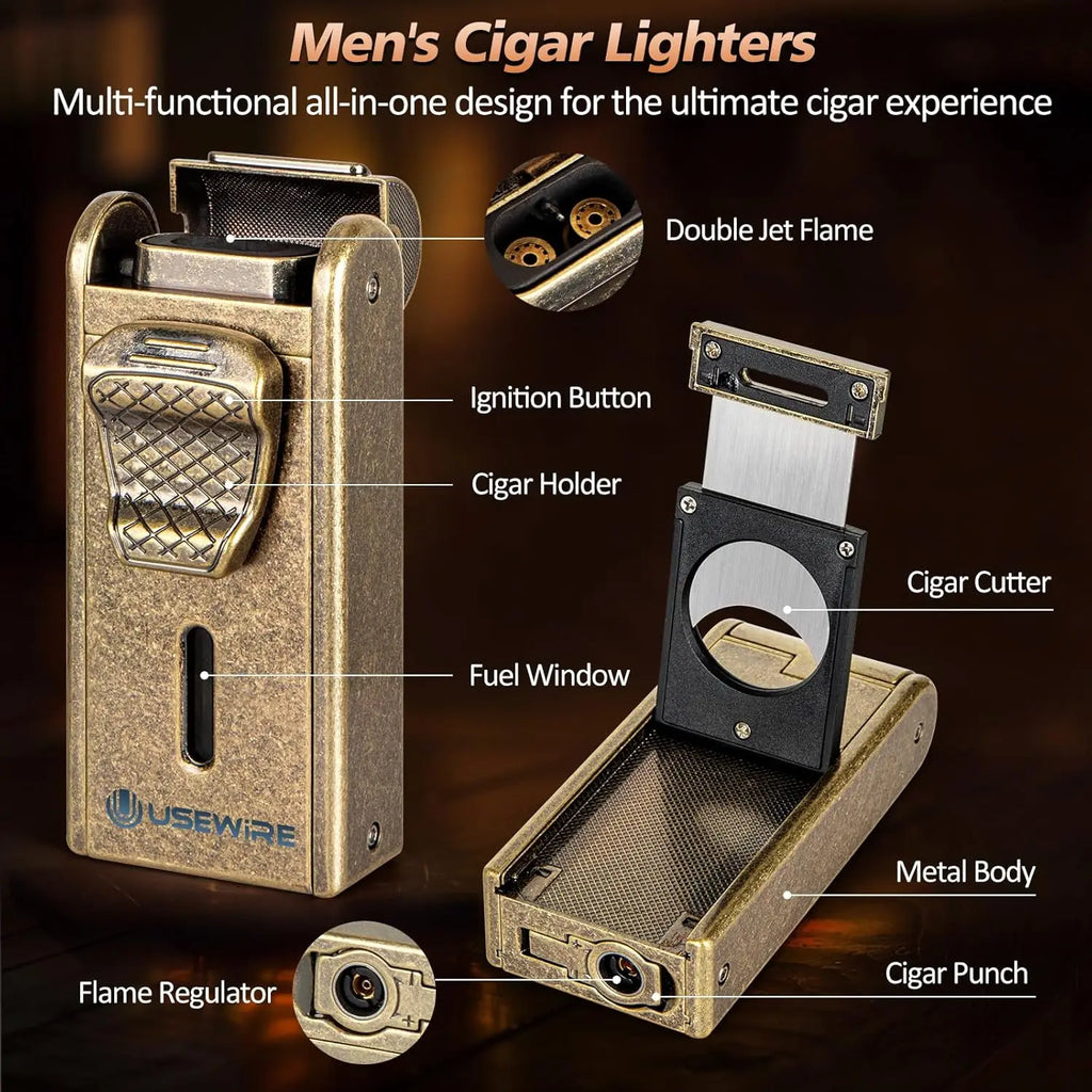 Humidor de charutos de couro com isqueiro, cortador de charutos reto embutido e perfurador de charutos, umidificador e bandeja de cedro