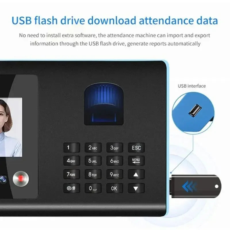Máquina de atendimento com reconhecimento facial, dispositivo de verificação de impressão digital para funcionários, equipamento de cartão perfurado com senha digital, presente grátis, disco u