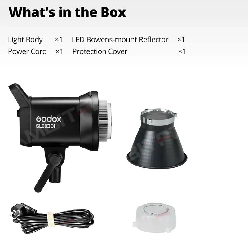 Black Godox SL60IIBi COB LED video light, Bowens-mount reflector, power cord, and white protection cover.