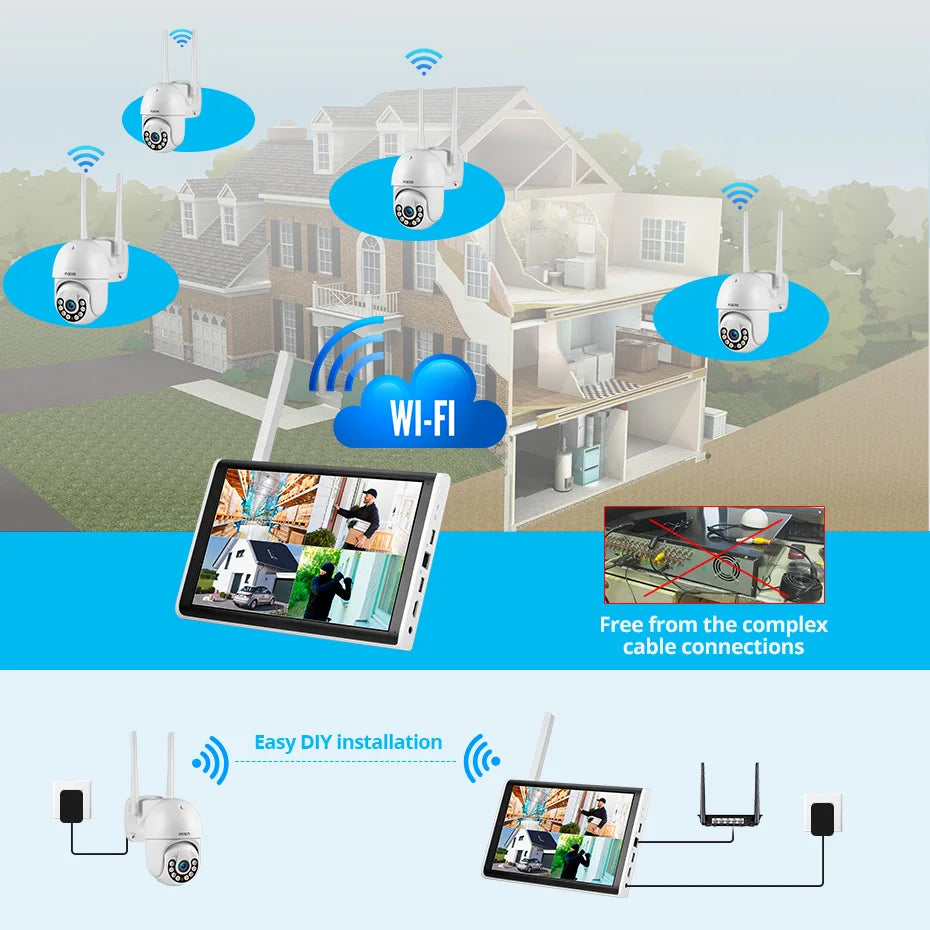 Fuers h.265 tela lcd de 10.1 polegadas 8ch sem fio nvr segurança diy câmera ao ar livre sistema wi fi vigilância cctv gravador de áudio e vídeo