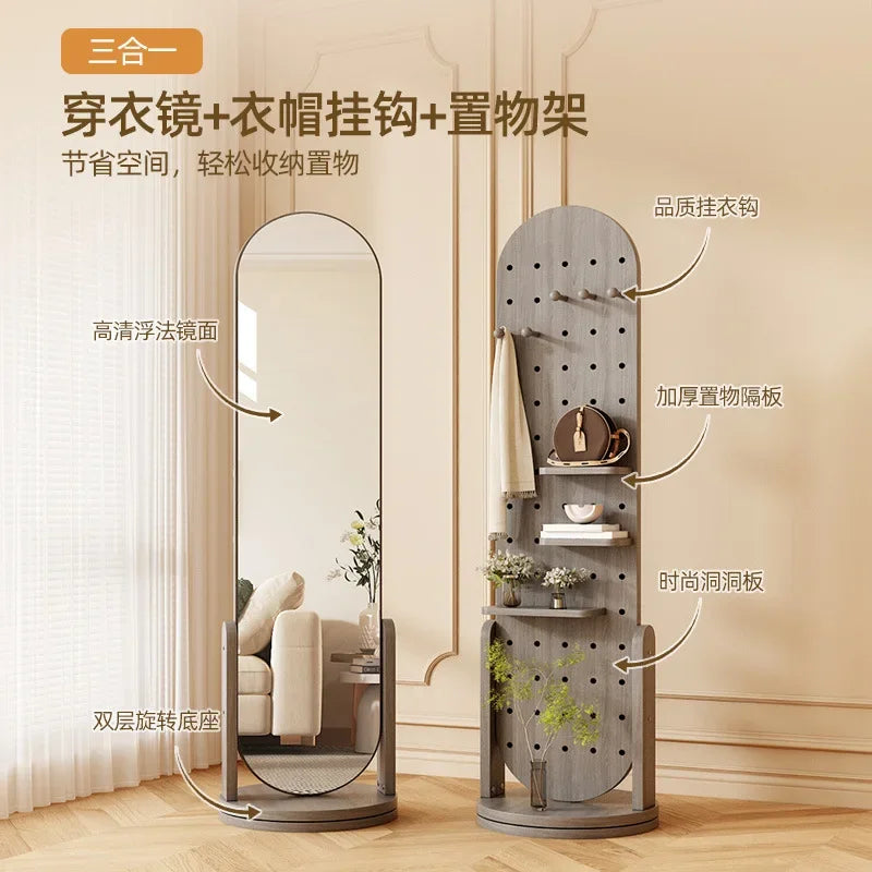 Retro espelho de corpo inteiro espelho de comprimento total cabide de chão multifuncional tridimensional rotativo integrado