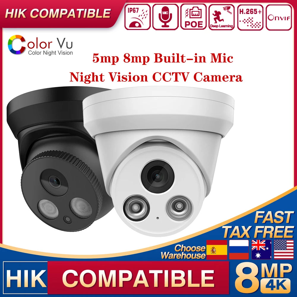 Hikvision compatível 5mp 8mp segurança cor cheia visão noturna câmera ip colorvu poe câmera de vigilância ip67 torre ao ar livre
