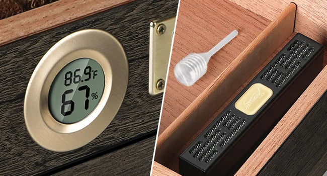 Humidor de charutos, caixa de mesa superior de vidro com termo-higrômetro digital, umidificador, divisor, gaveta de acessórios e fechadura de combinação