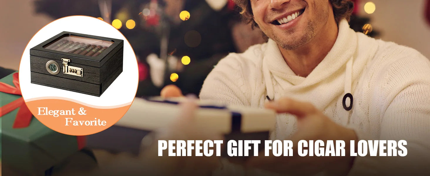 Humidor de charutos, caixa de mesa superior de vidro com termo-higrômetro digital, umidificador, divisor, gaveta de acessórios e fechadura de combinação